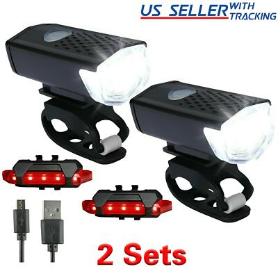 #ad #ad 2 Sets USB Rechargeable LED Bicycle Headlight Bike Front Rear Lamp Cycling $9.29