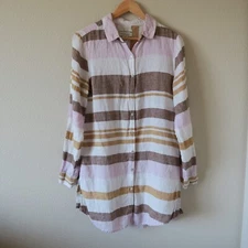 RACHEL ZOE Striped 100% Linen Longline Shirt Size M Lagenlook Roll-Tab