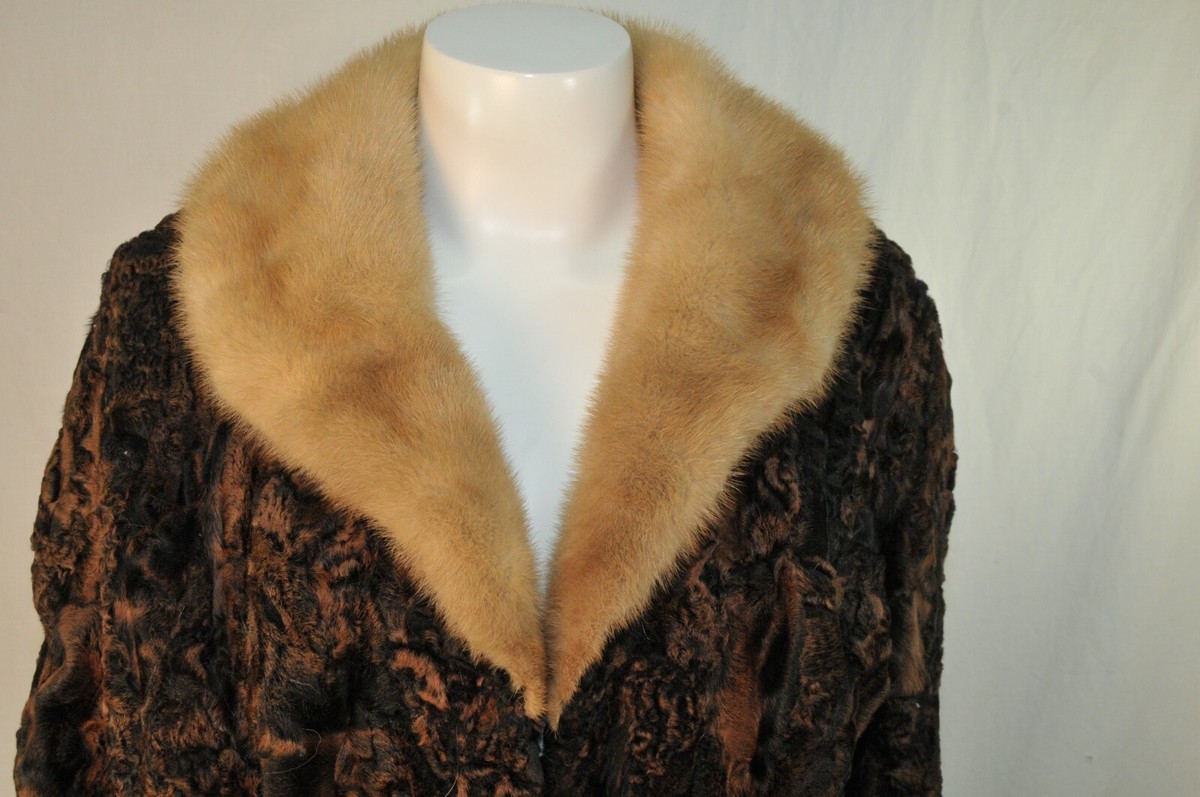 Vintage Mouton Lamb Size 14 Swing Coat Mink Collar Fur Women Brown