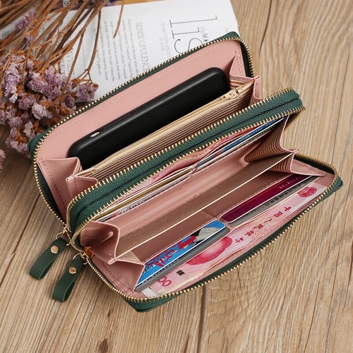 Women Leather Wallet Double Zipper Cellphone Wallet Long Purse with Wrist Strap - Picture 17 of 27