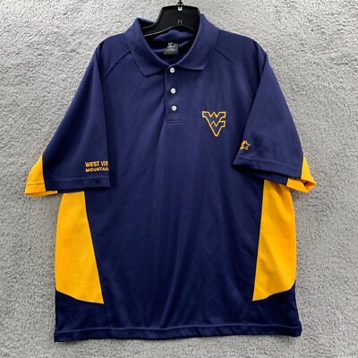 WEST VIRGINIA Polo Shirt Mens Size Large Starter Blue Yellow NCAA*