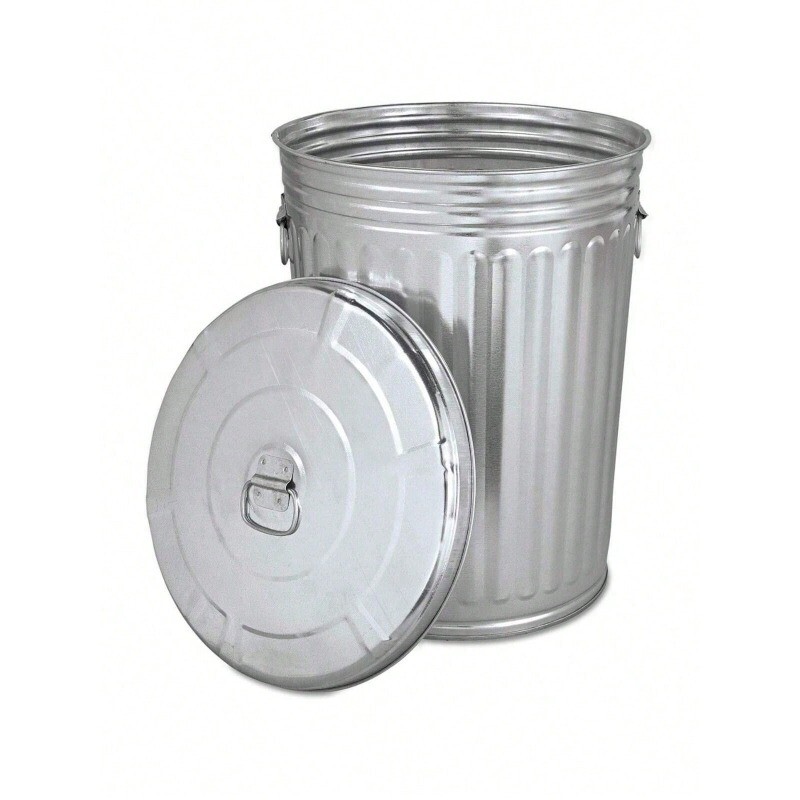 Trash Can With Lid Round Steel 20gal Metal Trash Can Outdoor Garbage Can + Lid-image
