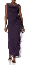 Alex Evenings Women's Long Column Dress with Sweetheart Neck. Eggplant Size 8P.