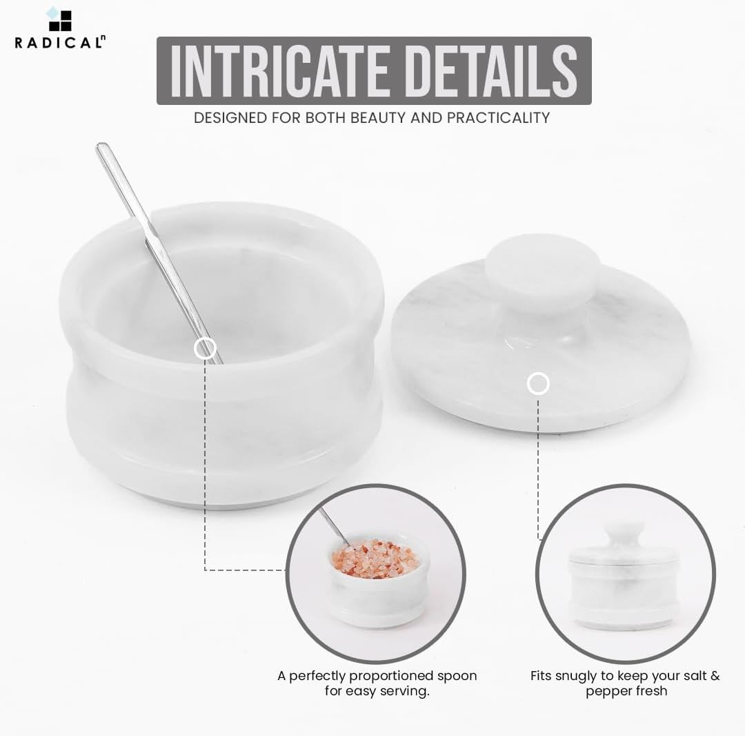 Marble Salt Cellar with Lid and Spoon 3.5" Inches White Handmade Sugar Container