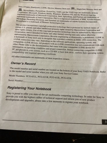 Sony VAIO Notebook Quick Start & Notes on Use PCG-R505 Series Computer manuals - Picture 9 of 11