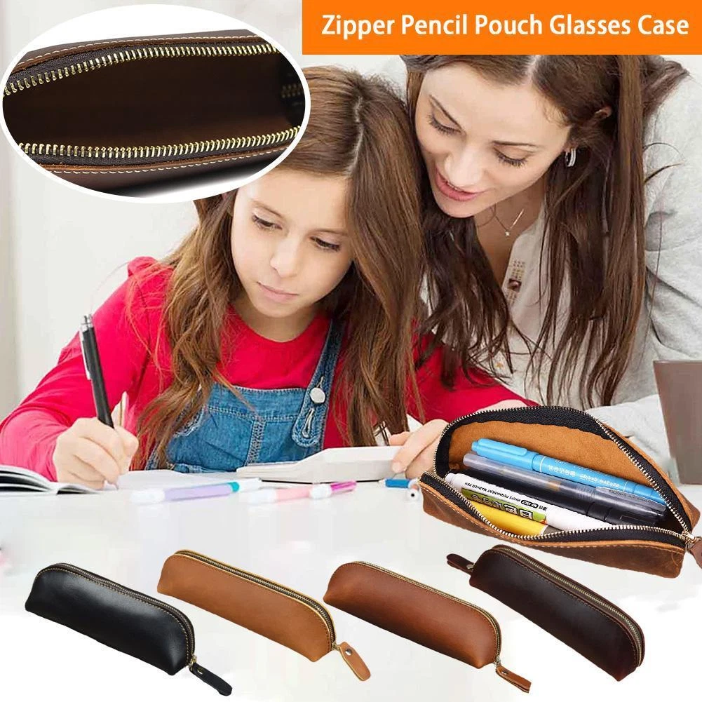 Handmade Genuine Leather Zipper Vintage Pen Bag Pencil Pouch Cosmetic Brush M6I9