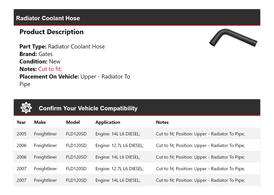 For 2005-2007 Freightliner FLD120SD Radiator Coolant Hose Gates 2006 - Image 2 of 4