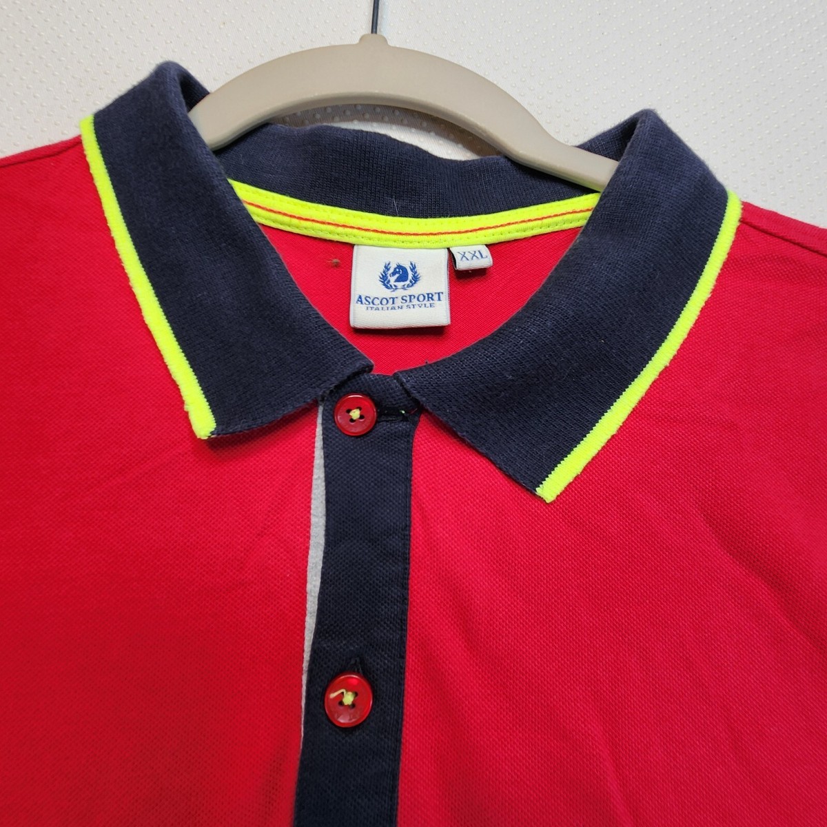 Ascot Sport Mens Polo Shirt XXL Red Black Collar Yellow Logo Split