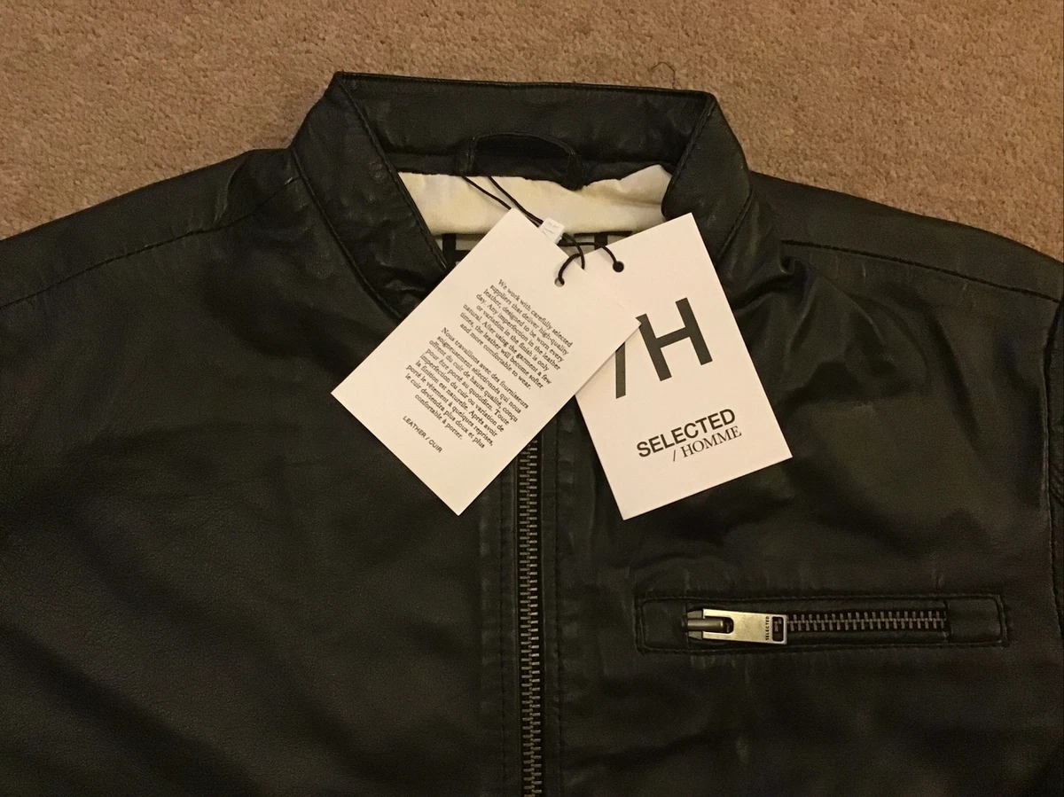 Selected Iconic Classic Leather Jacket Black In Mens Size L BRAND NEW