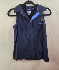 JCP Womens S Blue Silk Blend Sleeveless Semi Sheer Button-up Shirt