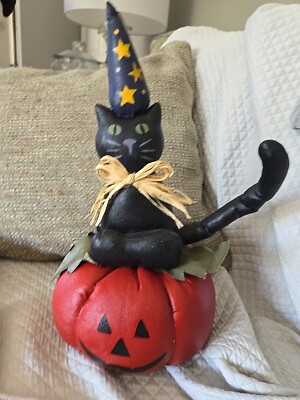 Painted Fabric Wizard Cat Sitting on Pumpkin Halloween JOL Jack Rustic 14 Inches