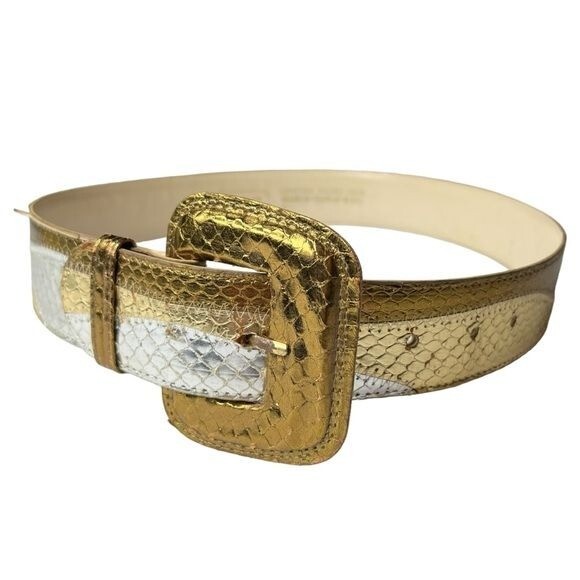 Vintage Ritz Metallic Snakeskin Leather Belt, Gold/Silver M  display picture 2