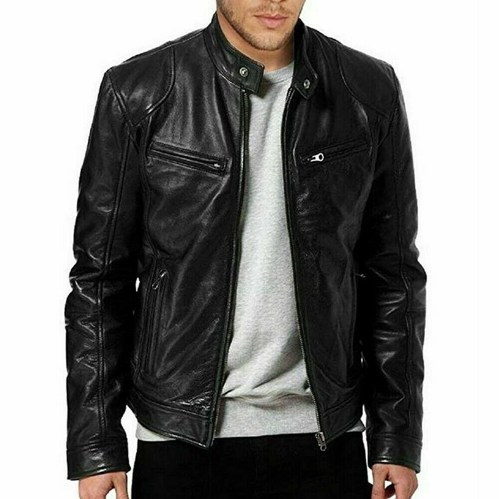 NOORA Men Black Genuine Leather Jacket Lambskin Slim Fit Biker Style Retro SJ560