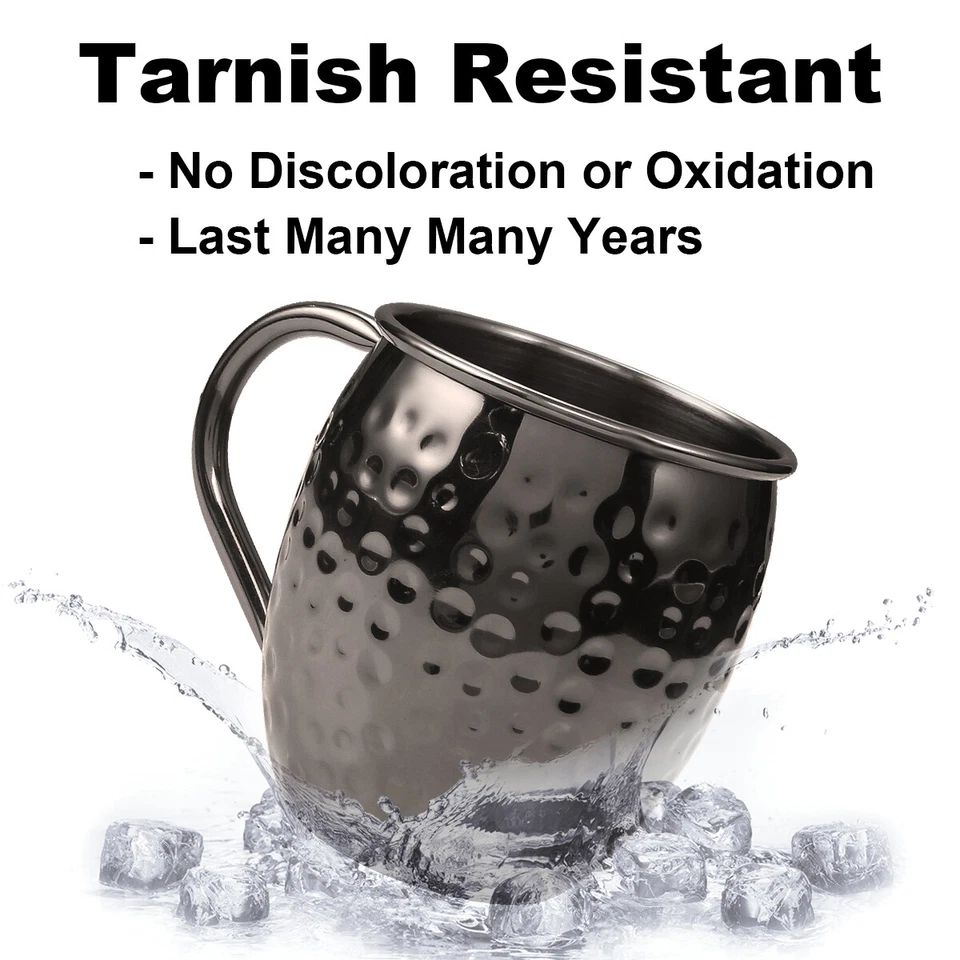 Juego de 4 tazas de mula Moscow taza de mula negra taza de acero inoxidable martillado sólido puro Foto 3 de 4