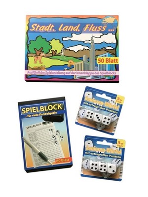 1 x Stadt Land Fluss + Spielblock A6 + 6 x Würfel / Würfelblock Knobel Klassiker