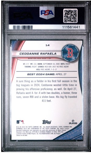 2024 Bowman's Best - Ceddanne Rafaela #14 Purple Refractor /250 (RC) PSA 10 Pop1 - Picture 2 of 2