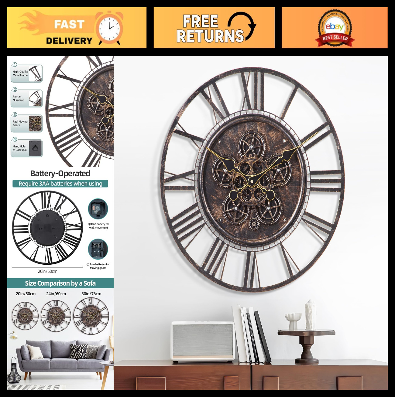 Large 20" Copper Moving Gear Wall Clock - Unique Steampunk D