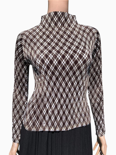 Issey Miyake, Camicia vintage ISSEY MIYAKE marrone bianco-diamante fantasia plissettata collo alto top M