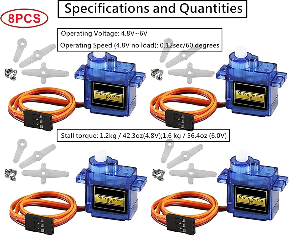 8 Pezzi 9G Micro Servo Motore per Braccio Robot Rc/Mano/Elicottero Barca Aeropla - Immagine 2 di 4