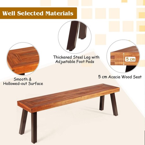 Outdoor Acacia Wood Bench Backless Dining Stool Seating with Rustic Steel Legs - Picture 2 of 16