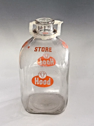 Vintage Hood 1 Gallon Glass Milk Bottle Red Logo w/ Handle 1950s Dairy Jug