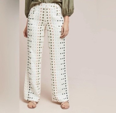 Ett:Twa by Anthropologie Size 2 Linen White Eyelit polka dot wide leg trousers