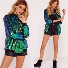 Agnes Orinda 4X Plus Size Green Blue-Purple Mermaid Sequins Lined Bomber Jacket