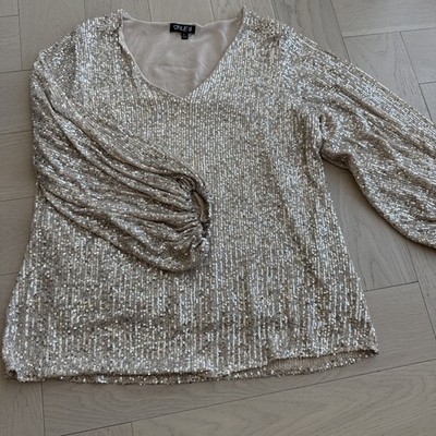 Style U Women s Silver Sequin Balloon Sleeve Blouse Sz L