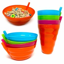 8 Pc Set Cereal Sip-a-Bowls Sippy Cups Built In Straw Plastic BPA Free Soup Dish