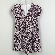 LOFT Round V-Neck Short Sleeve Two Front Tie Print Brown White Dress XSP