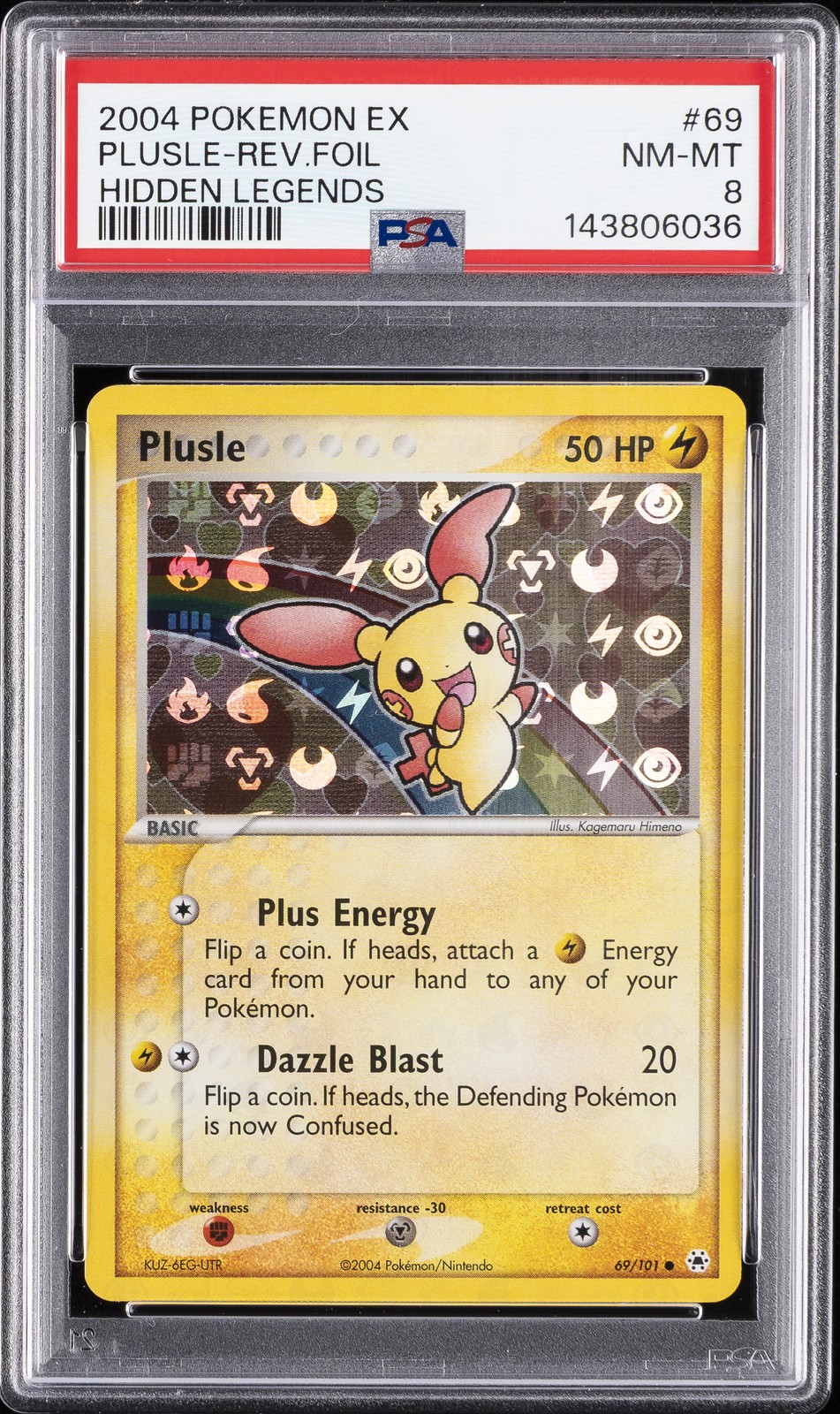 2004 POKEMON EX HIDDEN LEGENDS #69 PLUSLE-REVERSE FOIL PSA 8