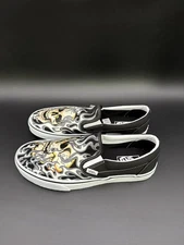 VANS Classic Slip On Flame Skull Black White Skate Shoes Men Rare Tattoo 9Q7BMX