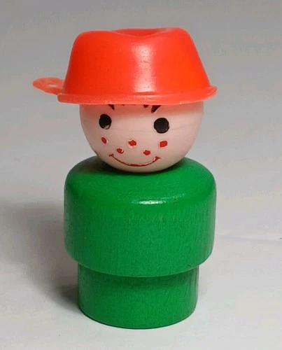 1974 Vtg Fisher Price Little People Figure Wood Pot Head Boy Hat #192 School Bus