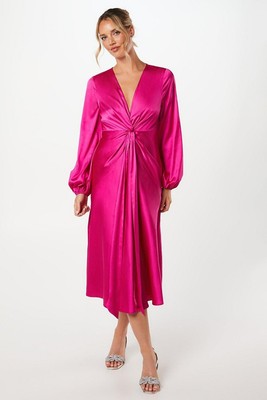 Coast Damen Midikleid rosa Satin tiefer Ausschnitt lange Ballonärmel