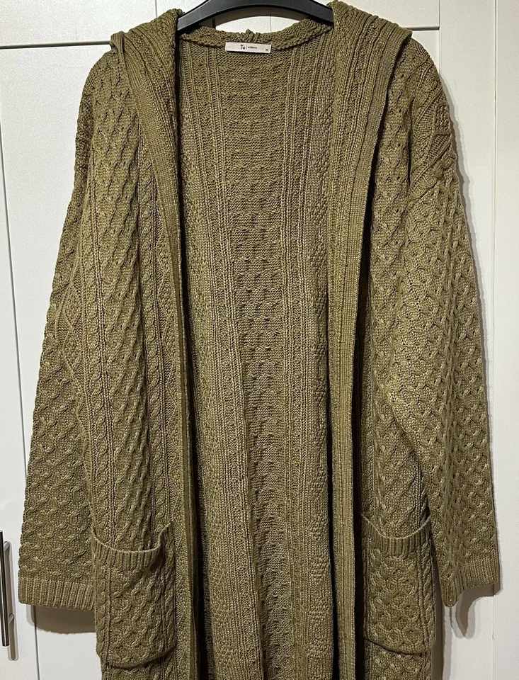 TU SIZE 14 - CHUNKY KNIT HOODED LONG CABLE CARDIGAN - OLIVE MUSTARD GREEN NEW - Image 2 of 4