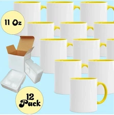 12 Pcs 11OZ YELLOW Inside Handle Blank Sublimation Coffee Mugs + white Boxes