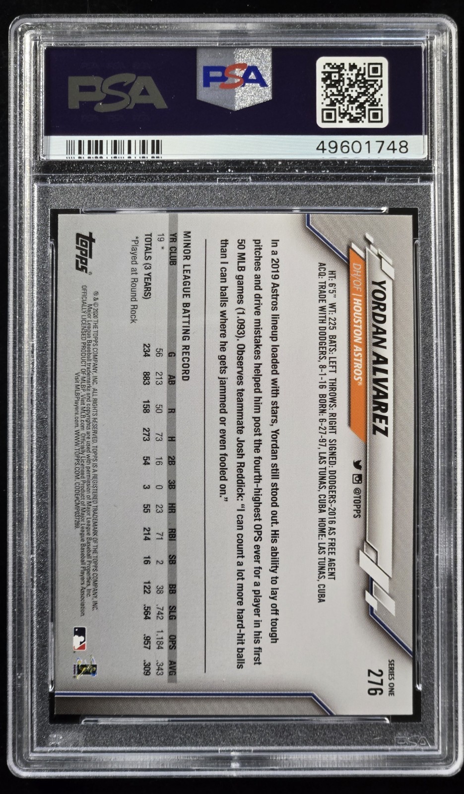 2020 Topps Yordan Alvarez Rookie #278 PSA 10 view 2