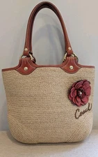 Coach F13373 Straw Tote Bag Leather Trim 