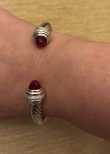 David Yurman 7mm Cable Bangle Sterling Silver, Rubellite & diamonds size M