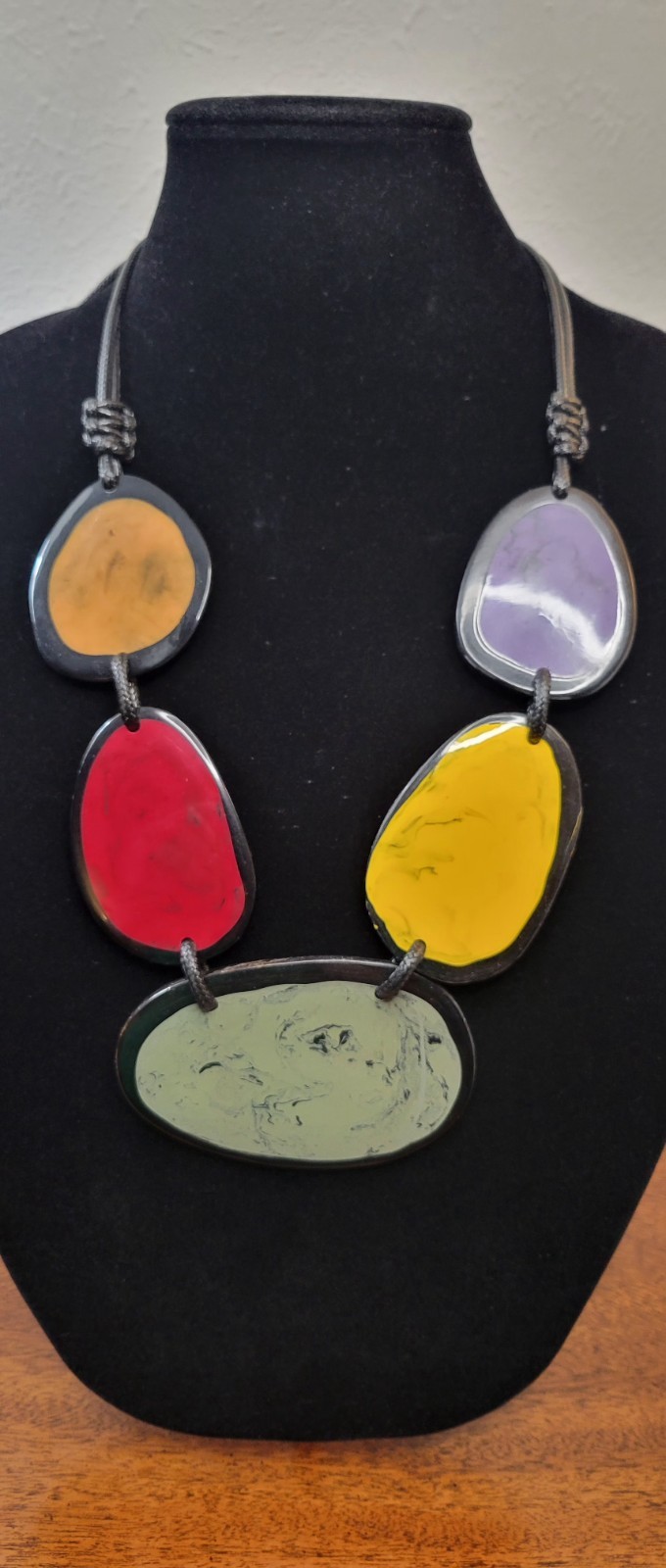 Multicolored Panel Statement Necklace Leather Cord - image 11