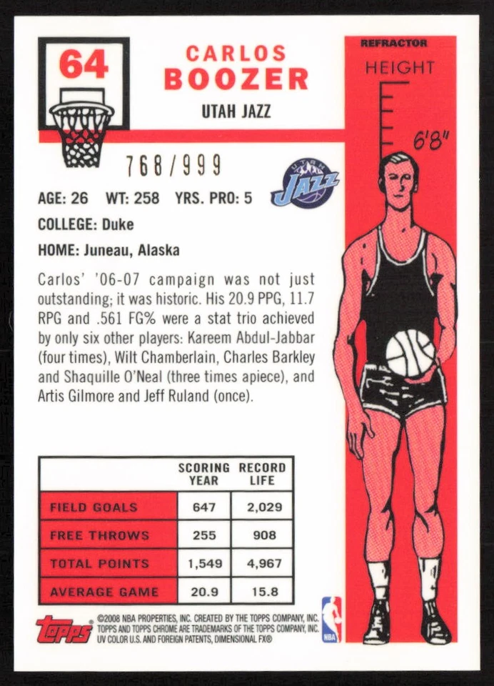 2007-08 Topps Chrome 1957-58 Refractor /999 Carlos Boozer #64 Jazz - Image 2 of 2