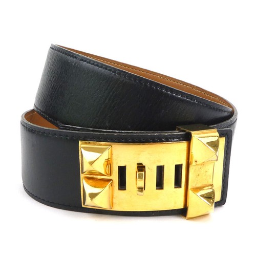 Auth HERMES Collier De Chien Belt Black/Gold Box calf leather/Metal - h30516a - Picture 3 of 10