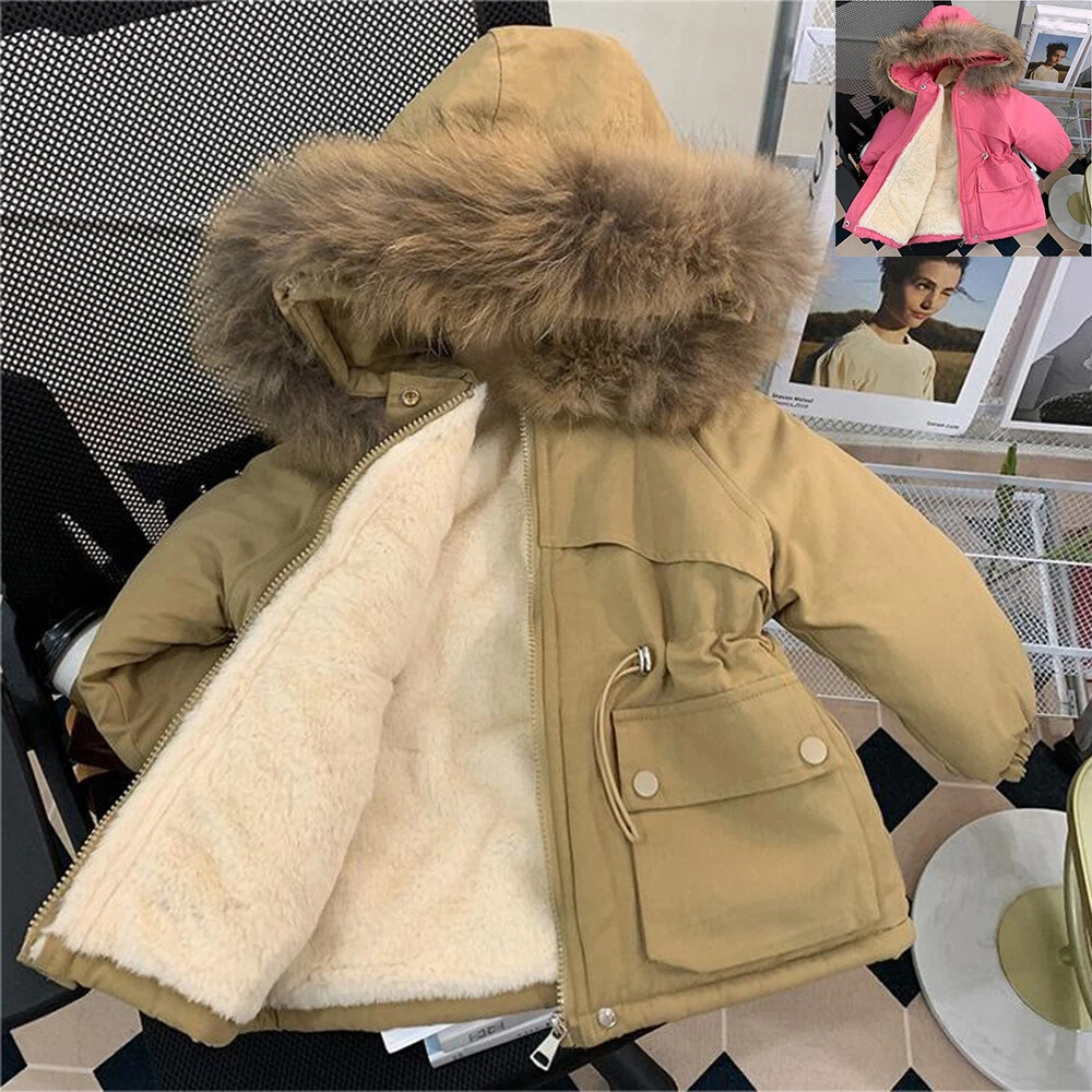 New Kids Hooded Jacket Girls Rainbow Fur Lined Parka School Jackets Outwear Coat