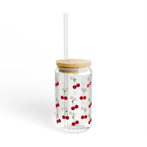 Cherry Themed Iced Coffee Glass Sipper Cup, Red Cherry Glass Can, Cherry Lover - Picture 5 of 5