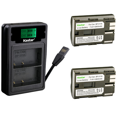 Kastar 2 Battery + Charger For Canon BP-511A BP511A EOS 10D 20D 30D 40D 50D 300D