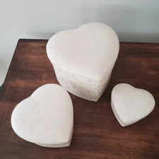 Vintage White Taffeta Heart Shaped Fabric Nesting Boxes Set Of 3 Inside Padded