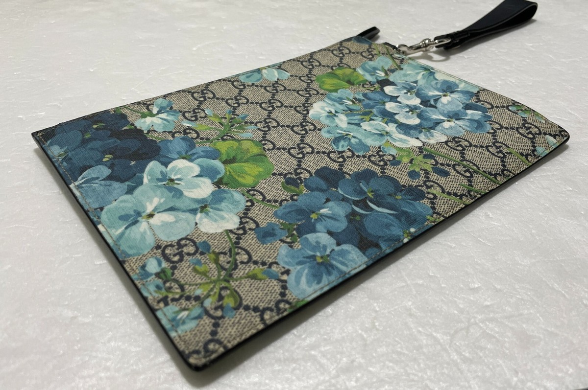 Gucci 546349 GG Supreme Blooms Clutch Bag Pouch Blue Leather Used