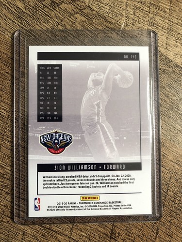 2019-20 Chronicles Luminance Zion Williamson RC #143 New Orleans Pelicans - Picture 2 of 2