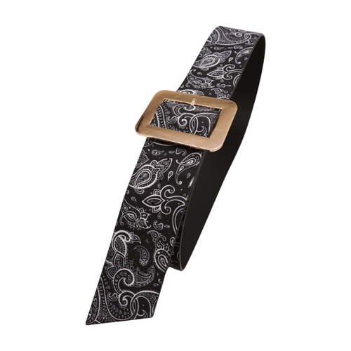 Women Black White Print Belt Hip High Waist Gold Metal Square Buckle Size S M - Picture 6 of 24