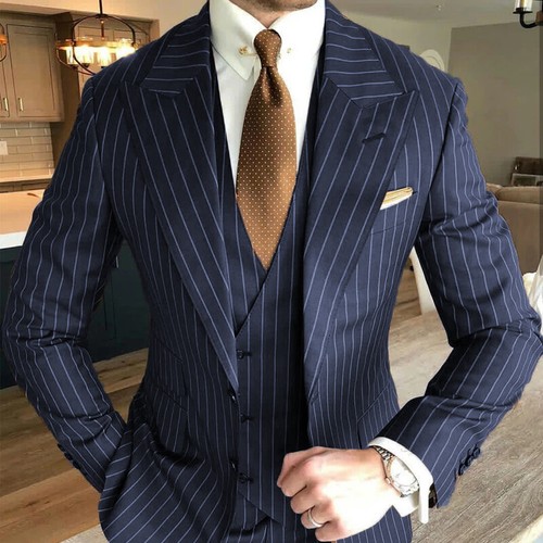 Fashion Men Suits Pin Striped 3 Pieces Wide Peak Lapel Business Wedding Tuxedos - Picture 6 of 18